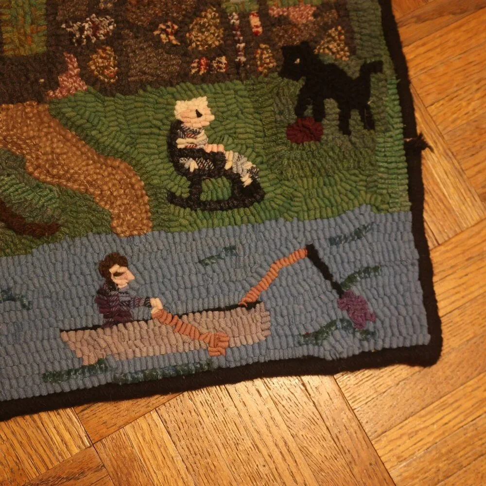 HAND HOOKED Rug Summer Lake House Boat Scene FOLK ART River 25x19